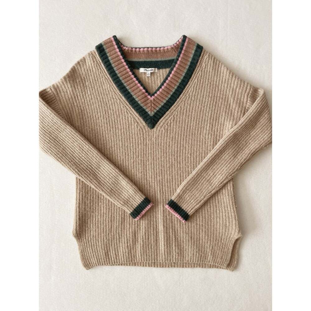 Madewell Sweater Womens 2XS Beige V Neck Wool Blend Rib Knit Pullover Striped